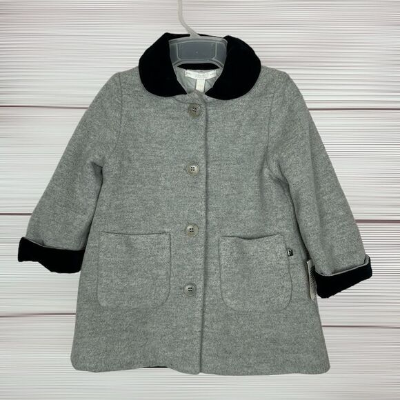 NWT FERRE Vintage Baby Girl Gray Coat Wool Blend Black Velvet Collar Cuffs 12 m - Picture 1 of 12